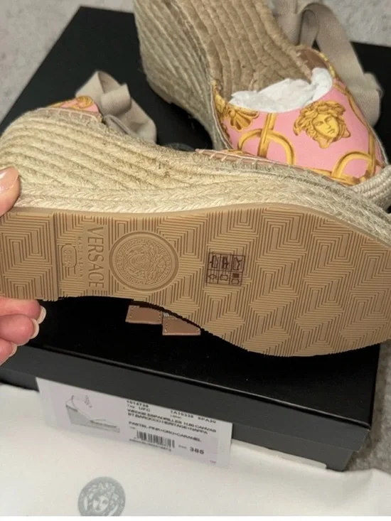 Versace Pink & Gold Medusa Espadrille Wedge with Ankle Tie - Picture 3 of 3